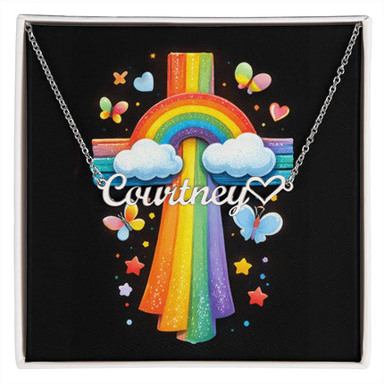 Rainbow Cross Butterfly | Christian Heart Name Necklace | Gift for Kids