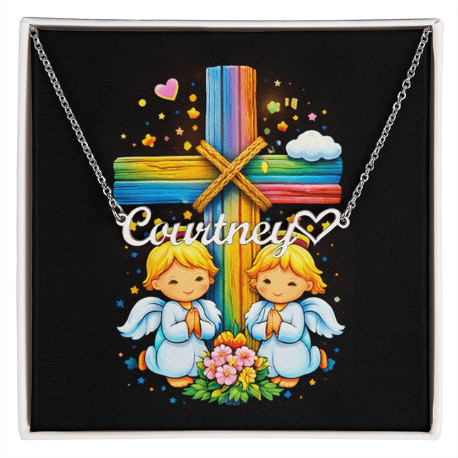 Rainbow Cross Angel Twins | Christian Heart Name Necklace | Gift for Kids
