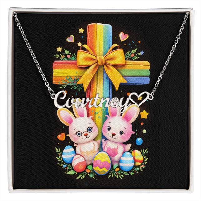 Rainbow Cross Bunnies | Christian Heart Name Necklace | Gift for Kids