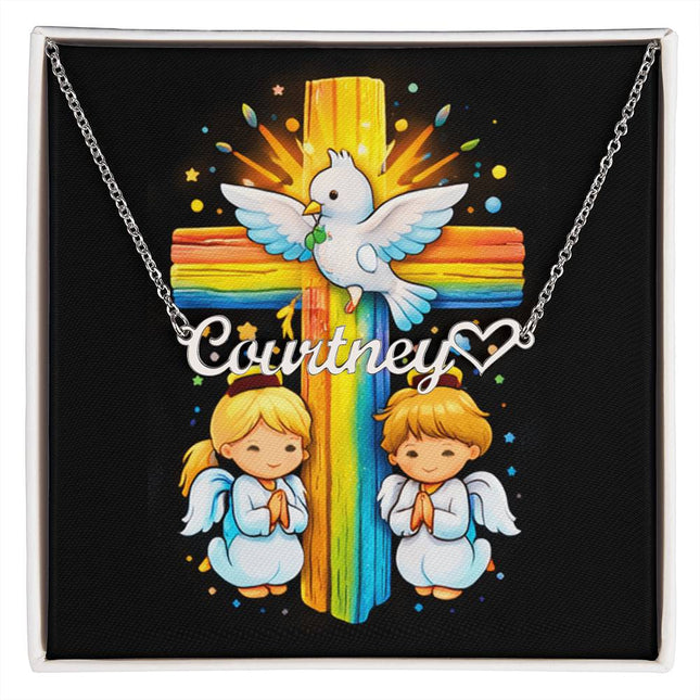Rainbow Cross Angels And Dove | Christian Heart Name Necklace | Gift for Kids