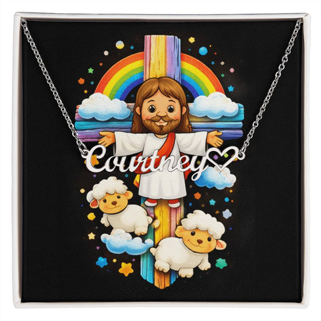 Rainbow Cross Jesus And Lamb | Christian Heart Name Necklace | Gift for Kids