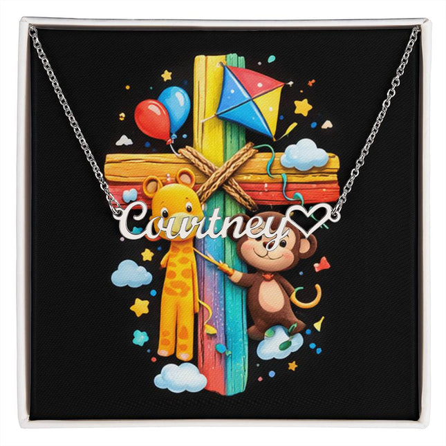 Rainbow Cross Jungle Animals | Christian Heart Name Necklace | Gift for Kids