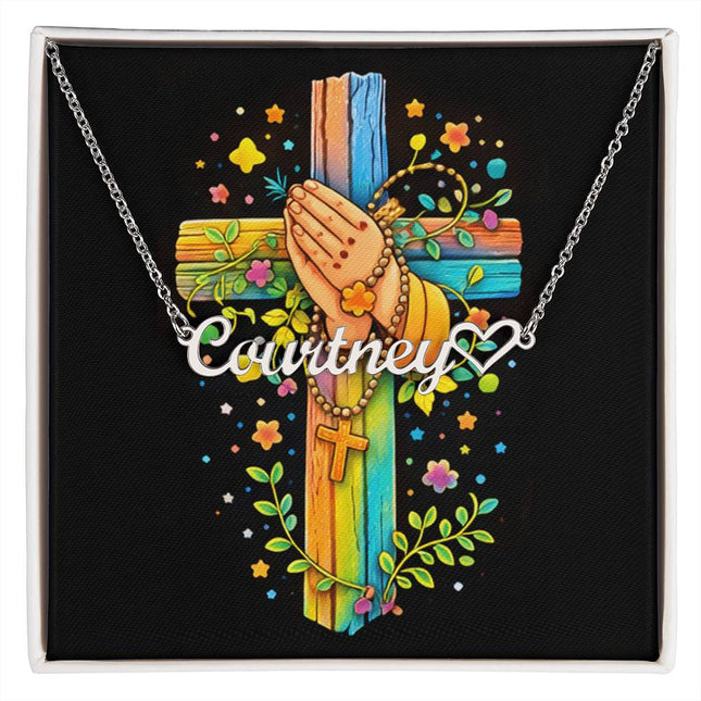 Rainbow Cross Praying Hands | Christian Heart Name Necklace | Gift for Kids