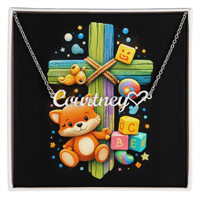 Rainbow Cross Little Fox | Christian Heart Name Necklace | Gift for Kids
