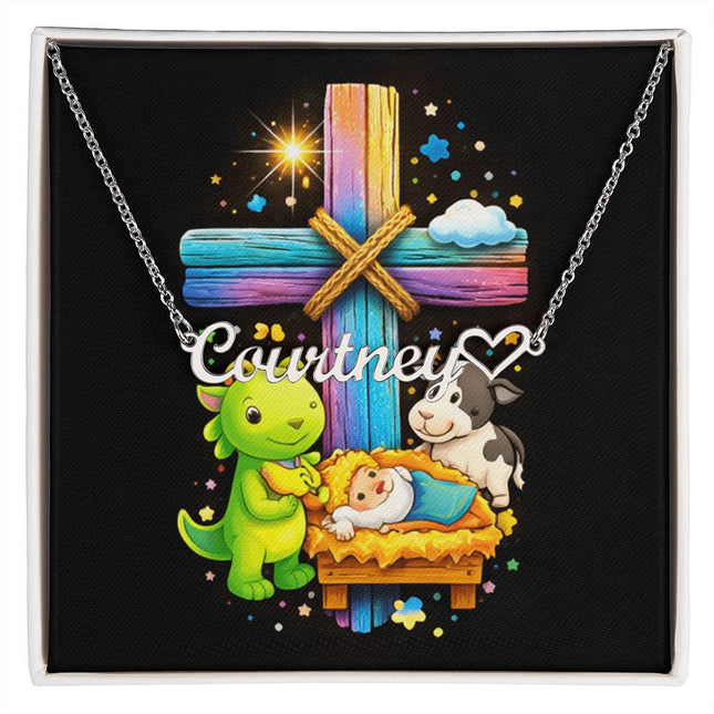 Rainbow Cross Dino And Cow | Christian Heart Name Necklace | Gift for Kids