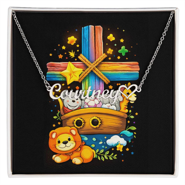 Rainbow Cross Noahs Ark | Christian Heart Name Necklace | Gift for Kids