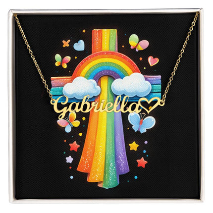 Rainbow Cross Butterfly | Christian Heart Name Necklace | Gift for Kids