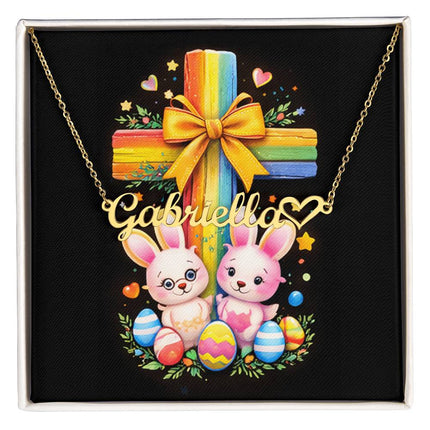 Rainbow Cross Bunnies | Christian Heart Name Necklace | Gift for Kids