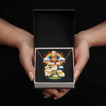 Rainbow Cross Jesus and Lambs | Christian Heart Name Necklace | Gift for Kids