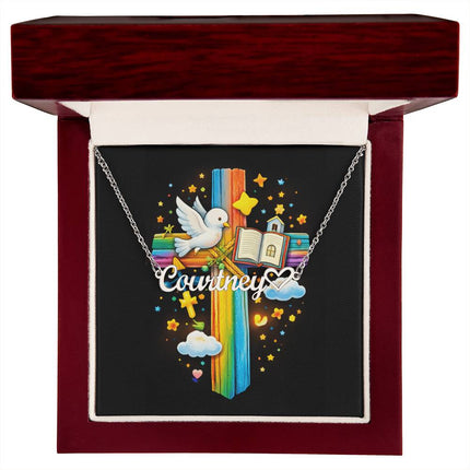 Rainbow Cross Open Bible | Christian Heart Name Necklace | Gift for Kids