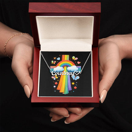 Rainbow Cross Butterfly | Christian Heart Name Necklace | Gift for Kids