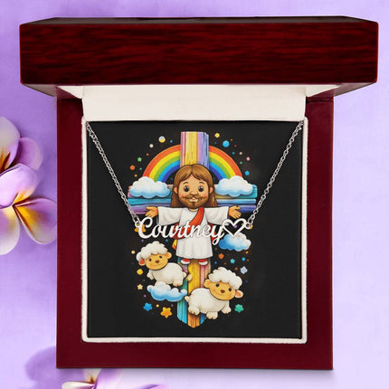 Rainbow Cross Jesus And Lamb | Christian Heart Name Necklace | Gift for Kids