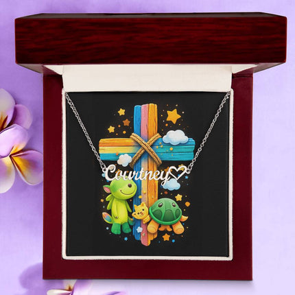 Rainbow Cross Turtle | Christian Heart Name Necklace | Gift for Kids