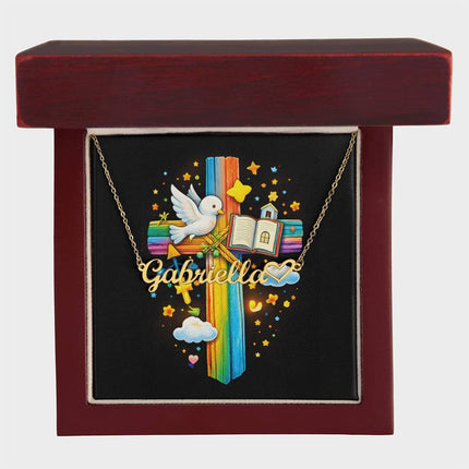 Rainbow Cross Open Bible | Christian Heart Name Necklace | Gift for Kids