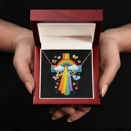 Rainbow Cross Butterfly | Christian Heart Name Necklace | Gift for Kids