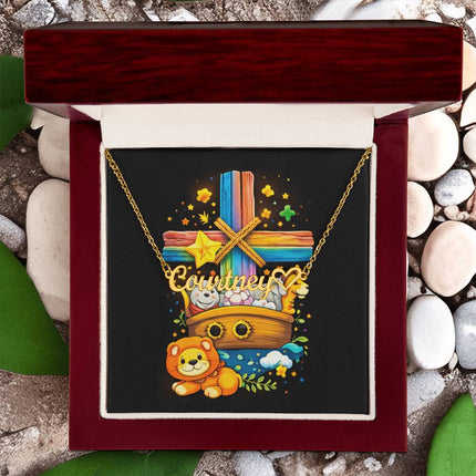 Rainbow Cross Noahs Ark | Christian Heart Name Necklace | Gift for Kids