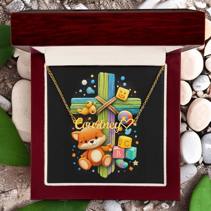 Rainbow Cross Little Fox | Christian Heart Name Necklace | Gift for Kids