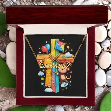 Rainbow Cross Jungle Animals | Christian Heart Name Necklace | Gift for Kids