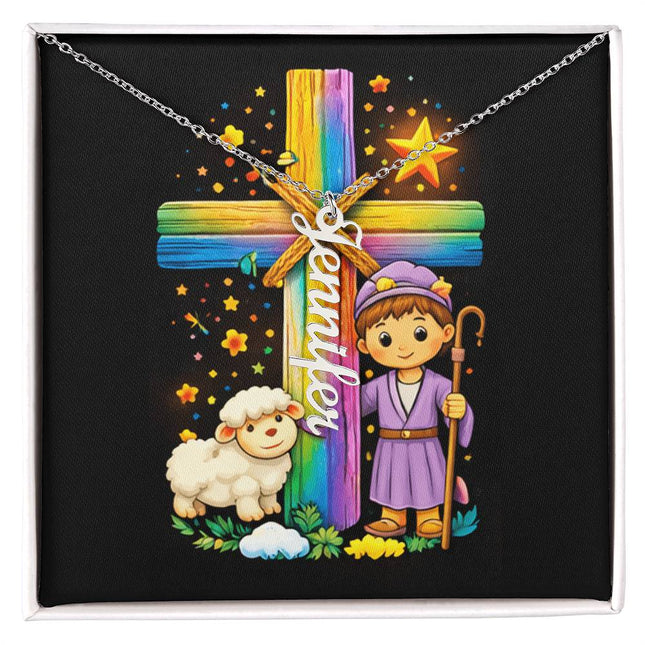 Rainbow Cross Little Shepherd | Vertical Necklace | Gift for Kids