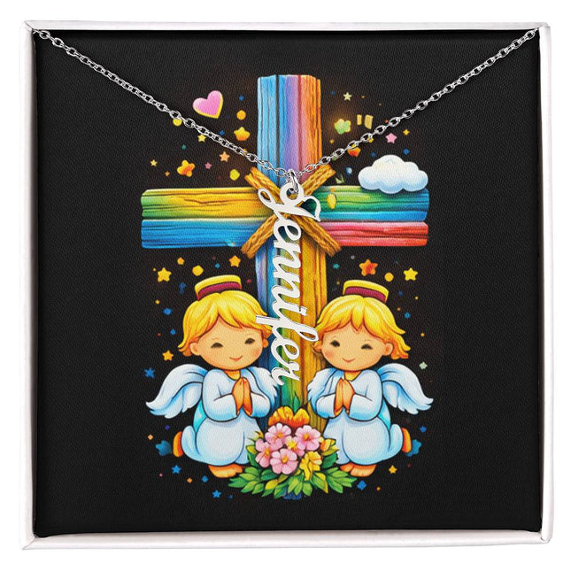 Rainbow Cross Angel Twins | Vertical Necklace | Gift for Kids