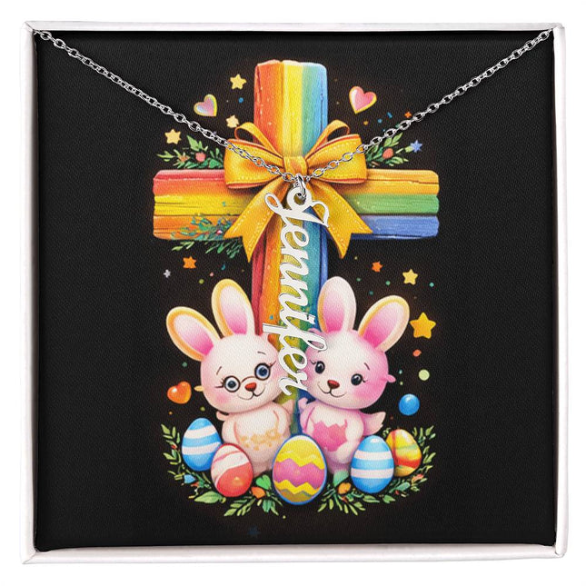 Rainbow Cross Bunnies | Vertical Necklace | Gift for Kids