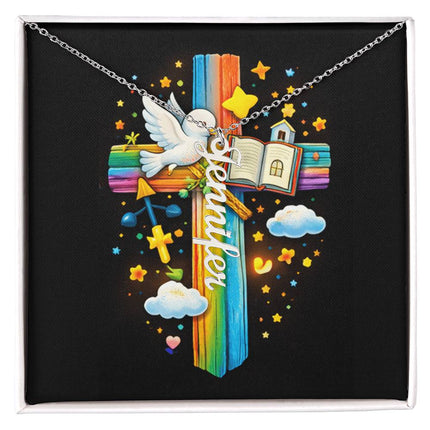 Rainbow Cross Personalized Name Necklace – Christian Gift for Kids