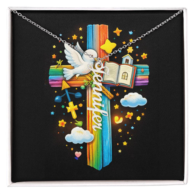 Rainbow Cross Open Bible | Vertical Necklace | Gift for Kids