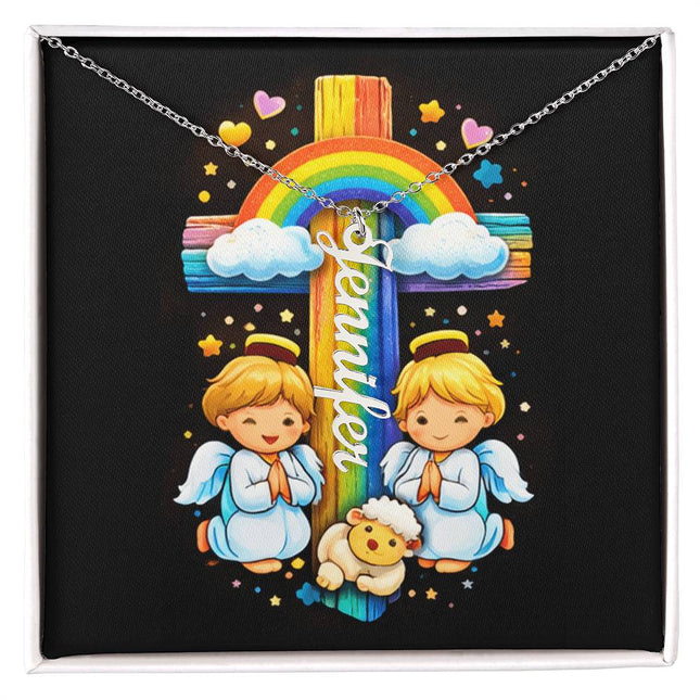 Rainbow Cross Cherub Angels | Vertical Necklace | Gift for Kids