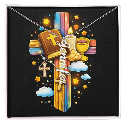 Rainbow Cross Personalized Name Necklace – Christian Gift for Kids