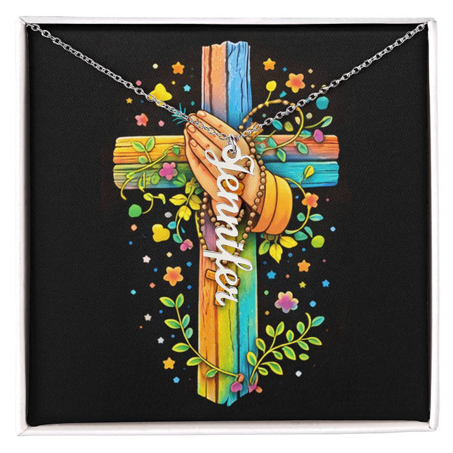 Rainbow Cross Praying Hands | Vertical Necklace | Gift for Kids