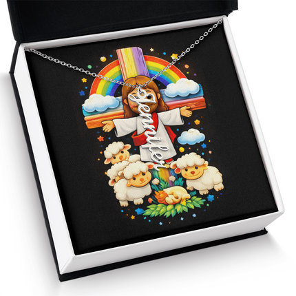 Jesus & Little Lambs Personalized Vertical Name Necklace – Christian Gift for Kids