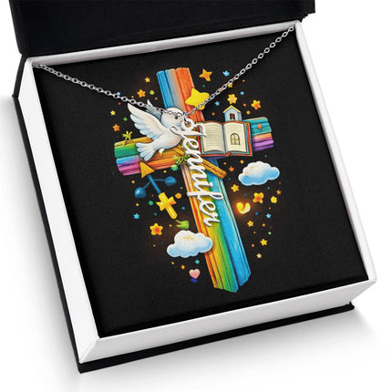 Rainbow Cross Personalized Name Necklace – Christian Gift for Kids