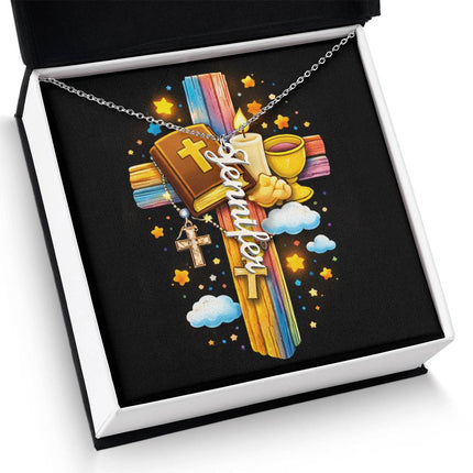 Rainbow Cross Personalized Name Necklace – Christian Gift for Kids
