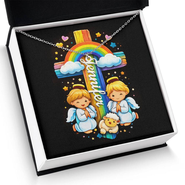 Rainbow Cross Cherub Angels | Vertical Necklace | Gift for Kids
