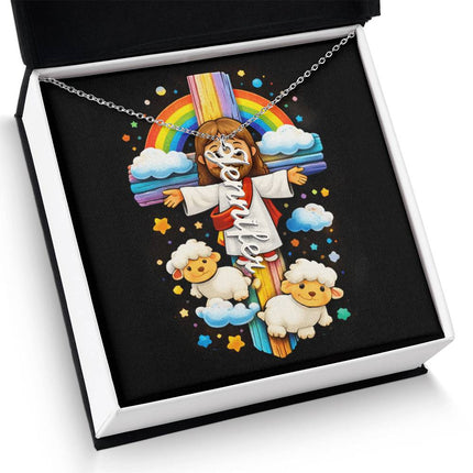 Rainbow Cross Personalized Name Necklace – Christian Gift for Kids