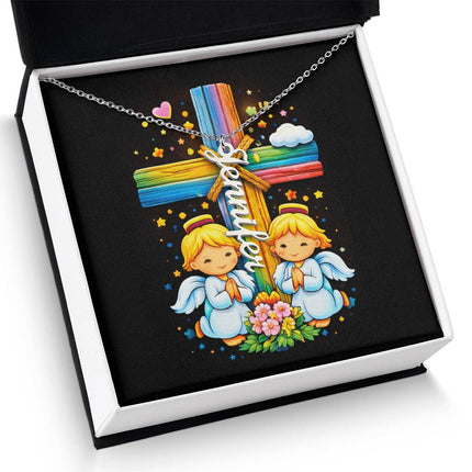 Rainbow Cross Personalized Name Necklace – Christian Gift for Kids
