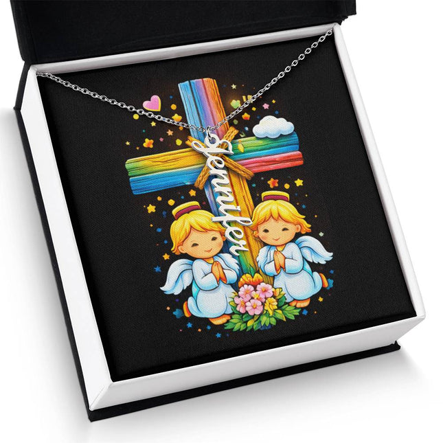 Rainbow Cross Angel Twins | Vertical Necklace | Gift for Kids