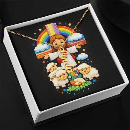 Jesus & Little Lambs Personalized Vertical Name Necklace – Christian Gift for Kids
