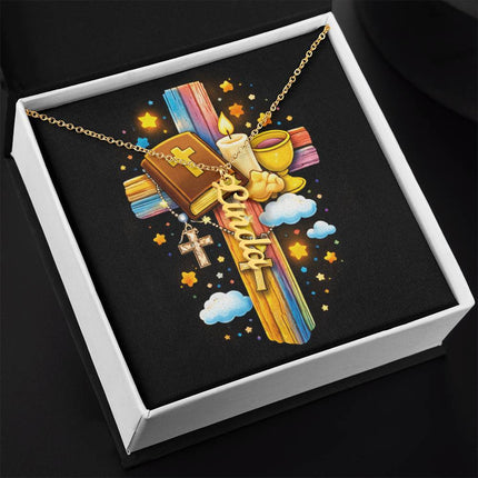 Rainbow Cross Personalized Name Necklace – Christian Gift for Kids