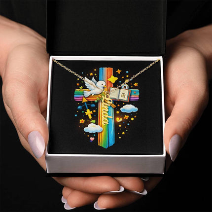 Rainbow Cross Personalized Name Necklace – Christian Gift for Kids