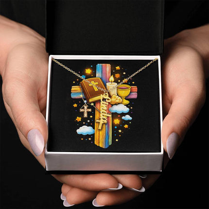 Rainbow Cross Personalized Name Necklace – Christian Gift for Kids