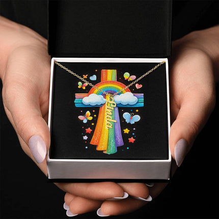 Rainbow Cross Personalized Name Necklace – Christian Gift for Kids