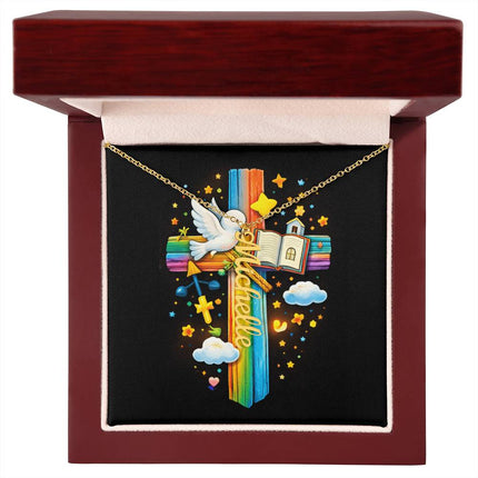 Rainbow Cross Personalized Name Necklace – Christian Gift for Kids