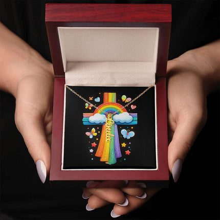 Rainbow Cross Personalized Name Necklace – Christian Gift for Kids