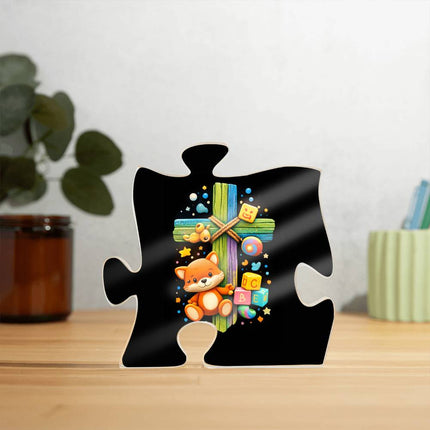 Rainbow Cross Little Fox | Christian Printed Acrylic Puzzle Plaque | Gift for Kids