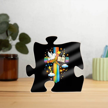 Rainbow Cross Open Bible | Christian Printed Acrylic Puzzle Plaque | Gift for Kids