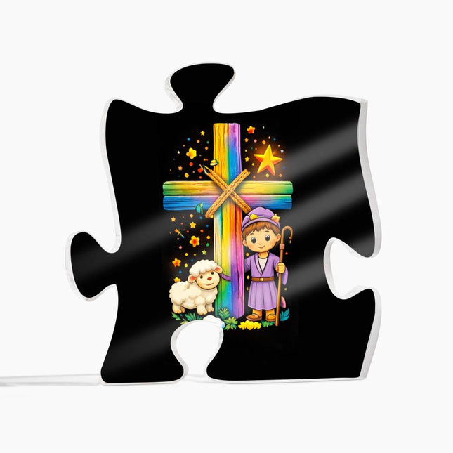 Rainbow Cross Little Shepherd | Christian Printed Acrylic Puzzle Plaque | Gift for Kids