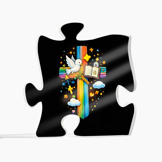 Rainbow Cross Open Bible | Christian Printed Acrylic Puzzle Plaque | Gift for Kids