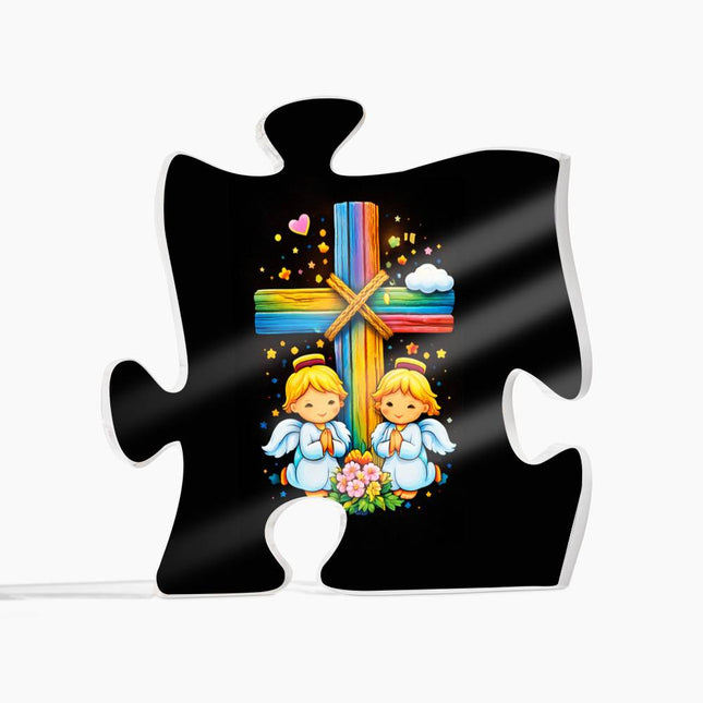 Rainbow Cross Angel Twins | Christian Printed Acrylic Puzzle Plaque | Gift for Kids
