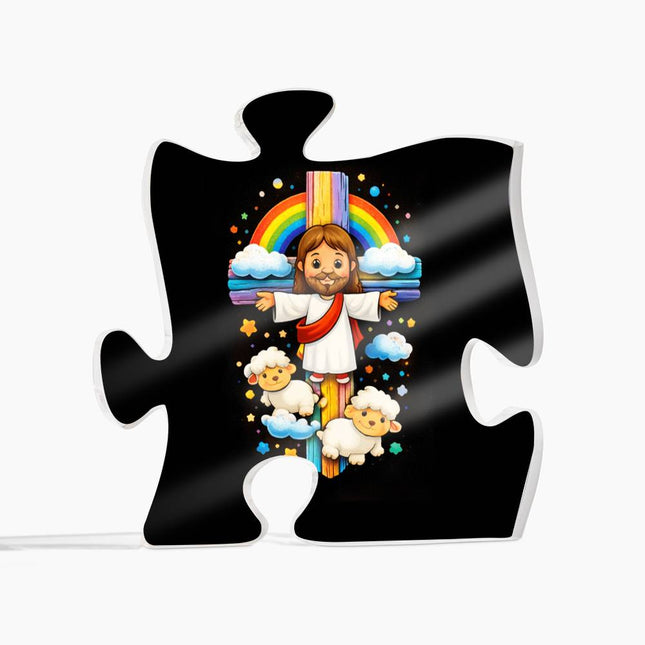 Rainbow Cross Jesus And Lamb | Christian Printed Acrylic Puzzle Plaque | Gift for Kids